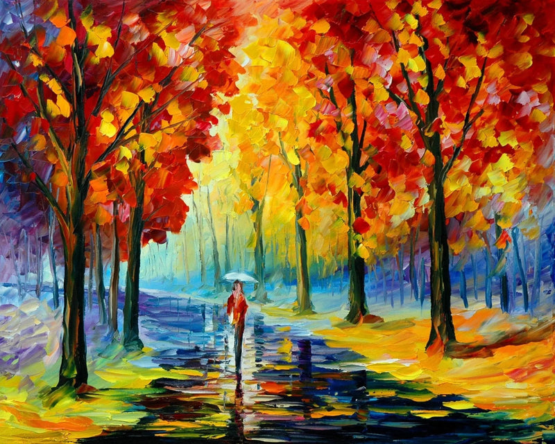 Abstract Landscape Oil Painting - Autumn Rain Path with Figure - Oil Painting Haven
