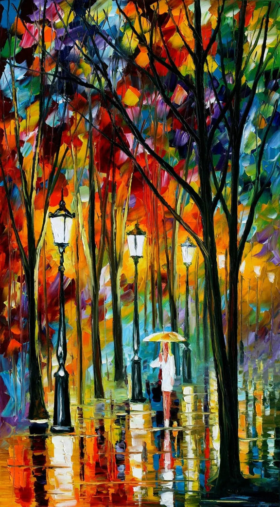 Abstract Landscape Oil Painting - Autumn Rain Path with Lamp Light - Oil Painting Haven