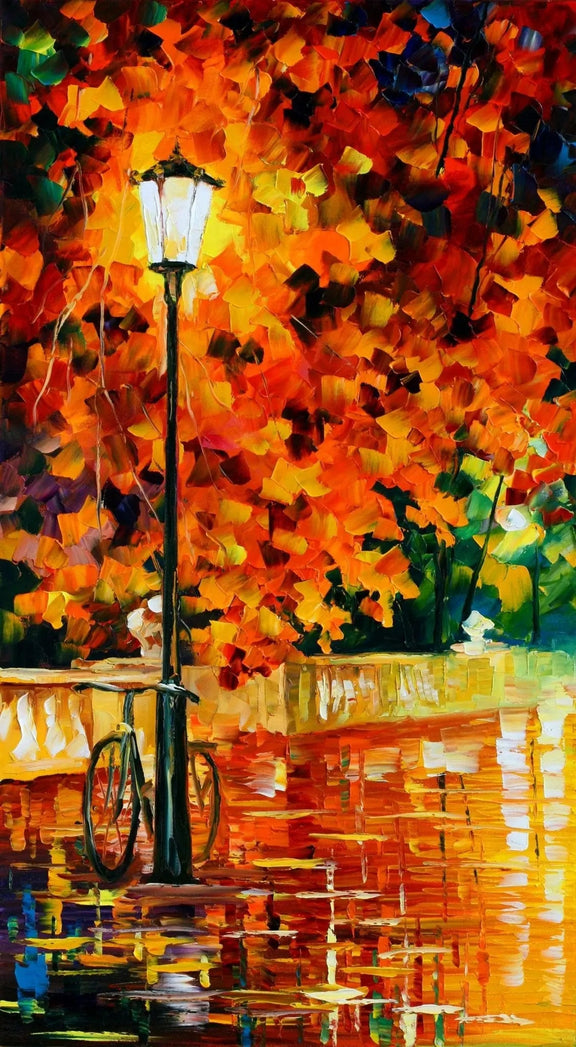 Abstract Landscape Oil Painting - Autumn Rain Street with Bicycle Scene - Oil Painting Haven
