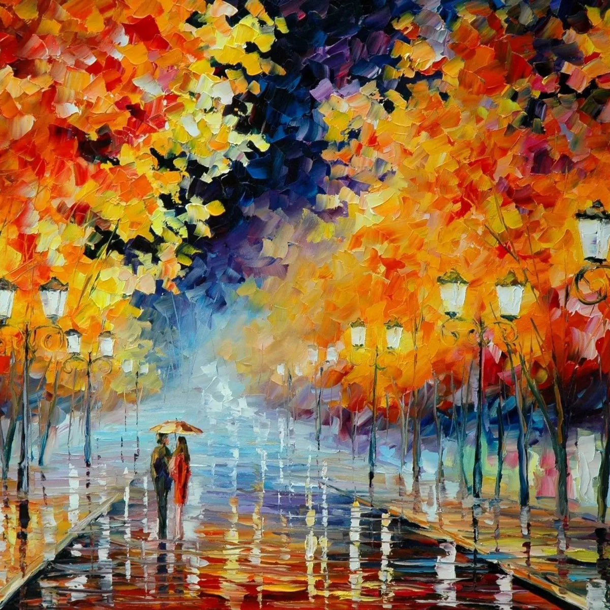 Abstract Landscape Oil Painting - Autumn Rain Street with Couple - Oil Painting Haven