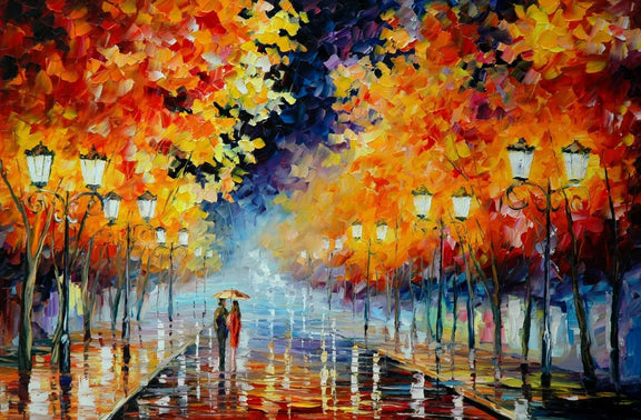 Abstract Landscape Oil Painting - Autumn Rain Street with Couple - Oil Painting Haven