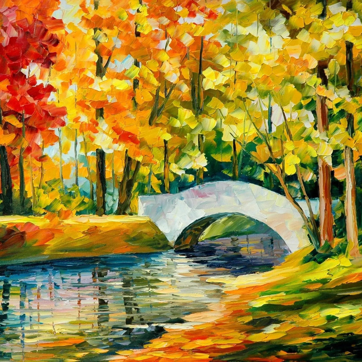 Abstract Landscape Oil Painting - Autumn River Bridge Scene - Oil Painting Haven