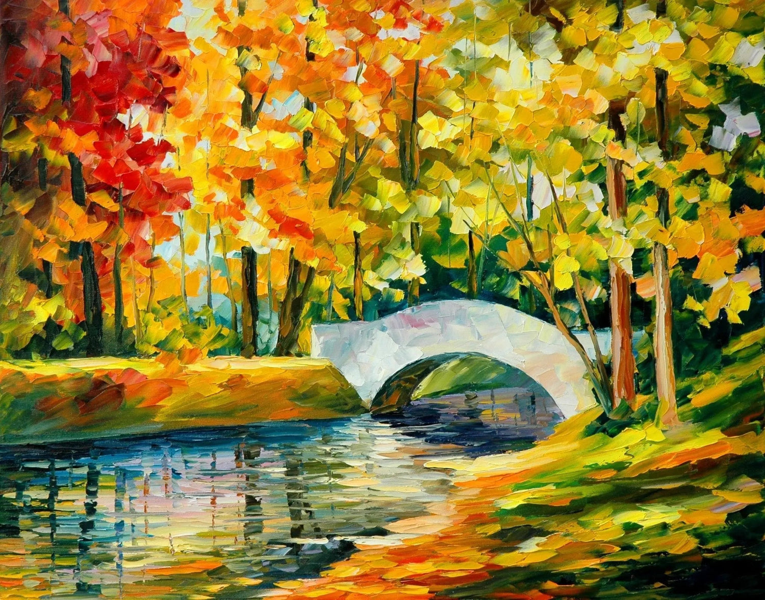 Abstract Landscape Oil Painting - Autumn River Bridge Scene - Oil Painting Haven