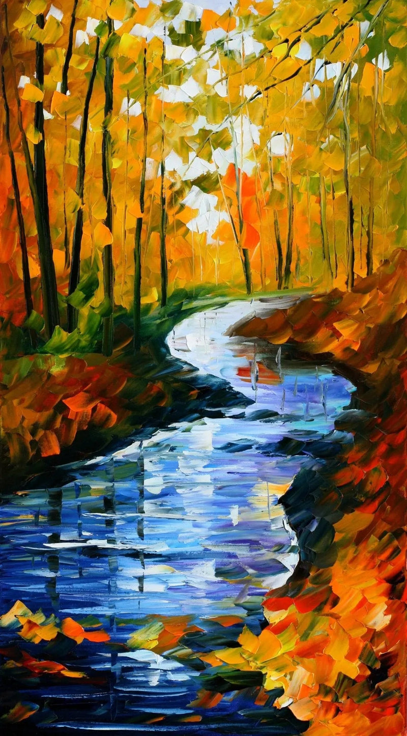 Abstract Landscape Oil Painting - Autumn River in Forest - Oil Painting Haven