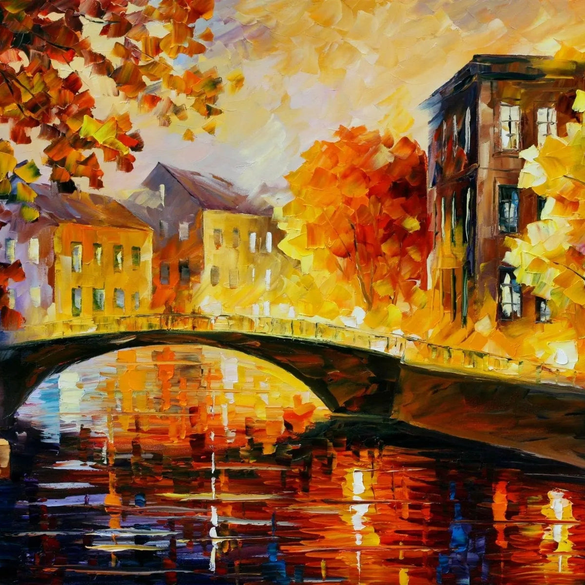 Abstract Landscape Oil Painting - Autumn Town Canal with Bridge - Oil Painting Haven