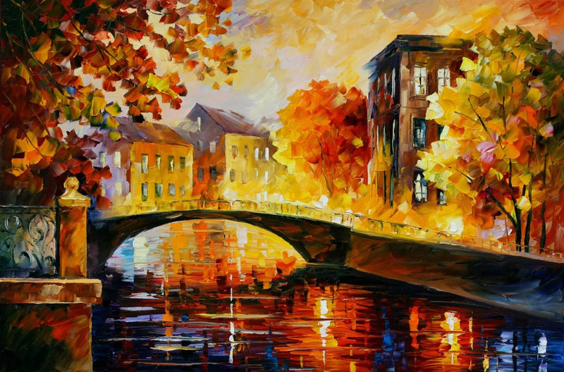Abstract Landscape Oil Painting - Autumn Town Canal with Bridge - Oil Painting Haven