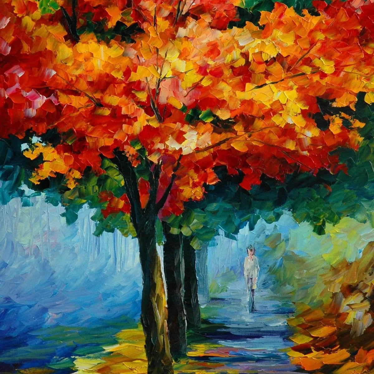 Abstract Landscape Oil Painting - Autumn Tree - Lined Path with Figure - Oil Painting Haven