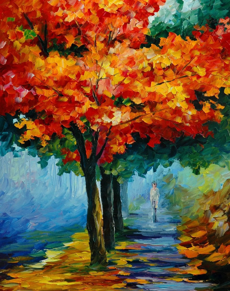 Abstract Landscape Oil Painting - Autumn Tree - Lined Path with Figure - Oil Painting Haven
