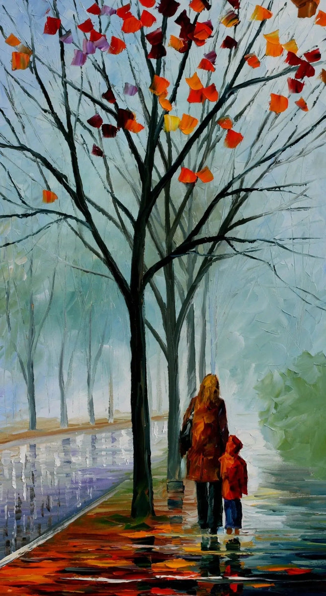 Abstract Landscape Oil Painting - Autumn Walk with Figure and Child - Oil Painting Haven