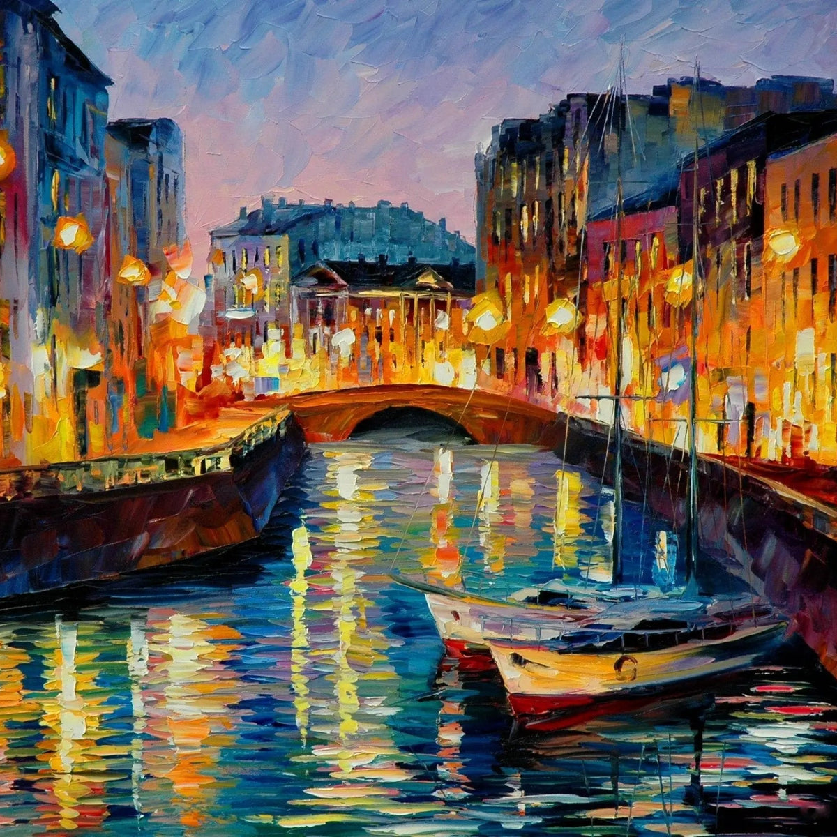 Abstract Landscape Oil Painting - Canal Boats with City Lights - Oil Painting Haven