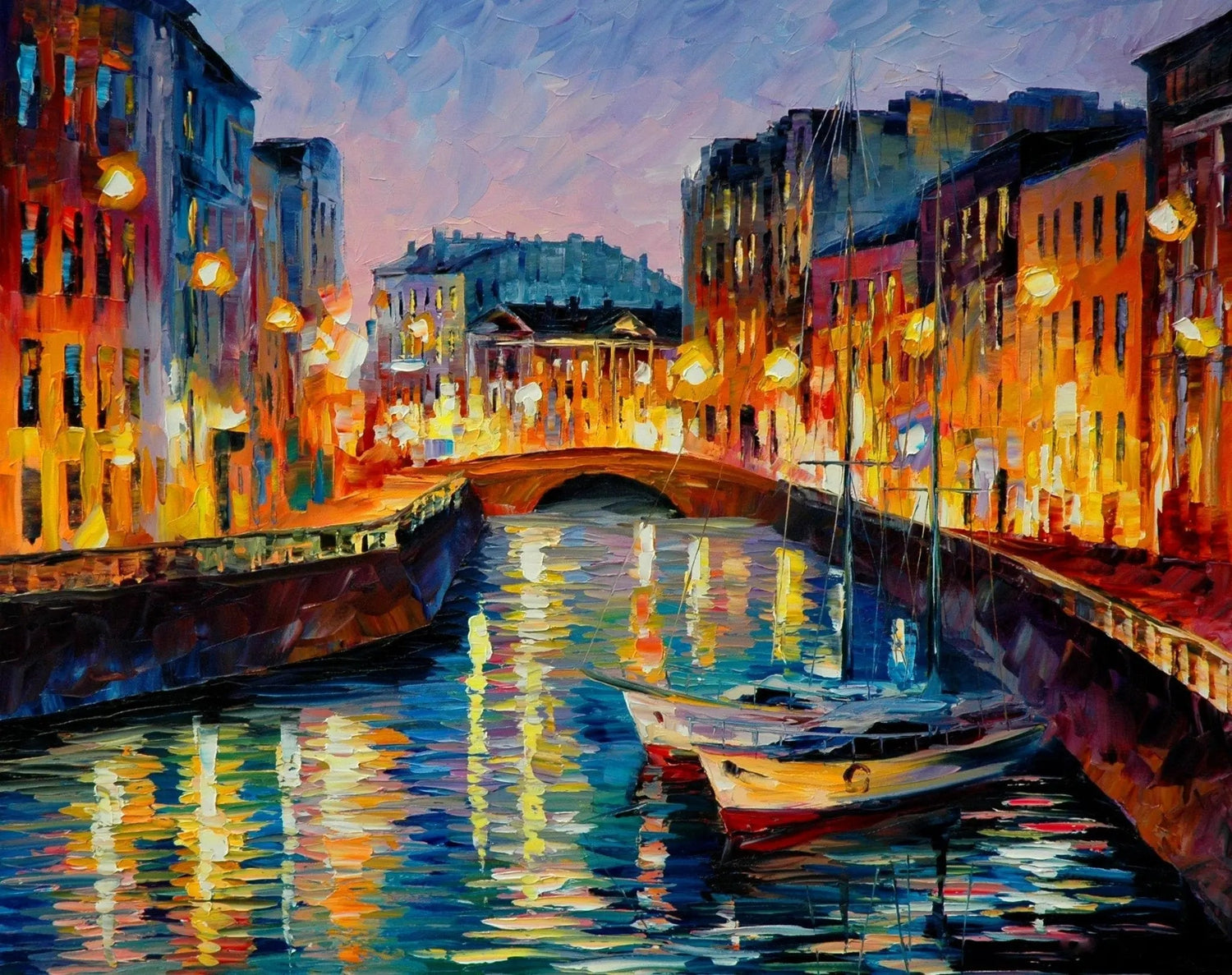 Abstract Landscape Oil Painting - Canal Boats with City Lights - Oil Painting Haven