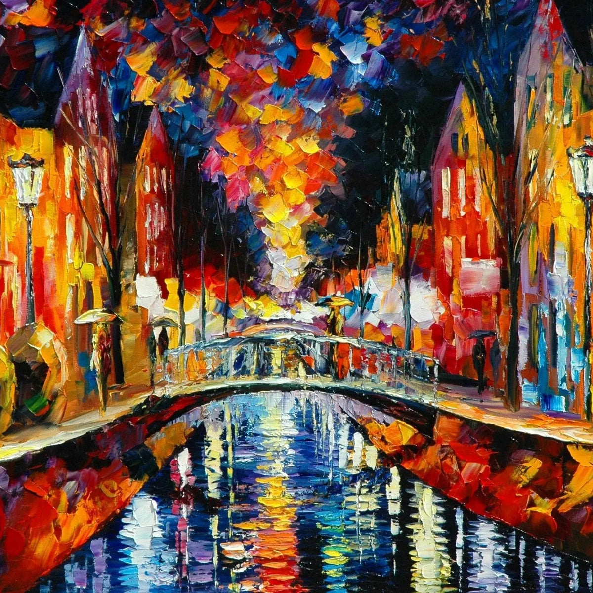 Abstract Landscape Oil Painting - Canal Bridge Night Reflections - Oil Painting Haven