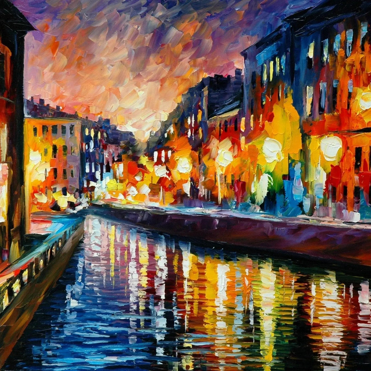 Abstract Landscape Oil Painting - Canal Night Reflections - Oil Painting Haven