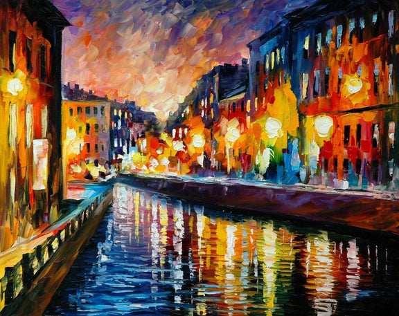 Abstract Landscape Oil Painting - Canal Night Reflections - Oil Painting Haven