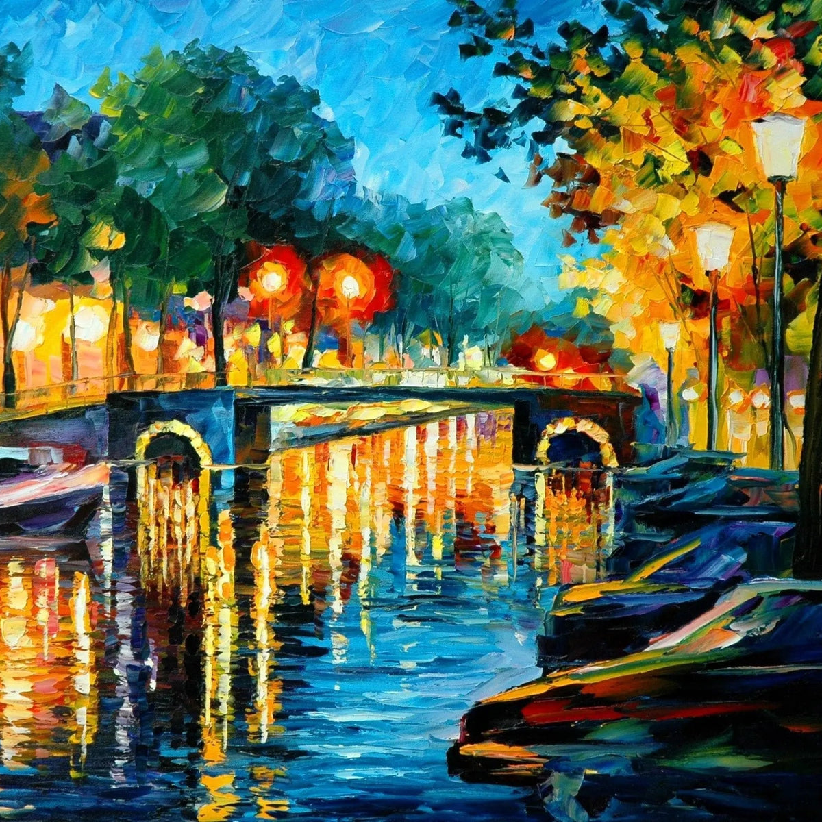 Abstract Landscape Oil Painting - Canal Night Scene with Boats - Oil Painting Haven