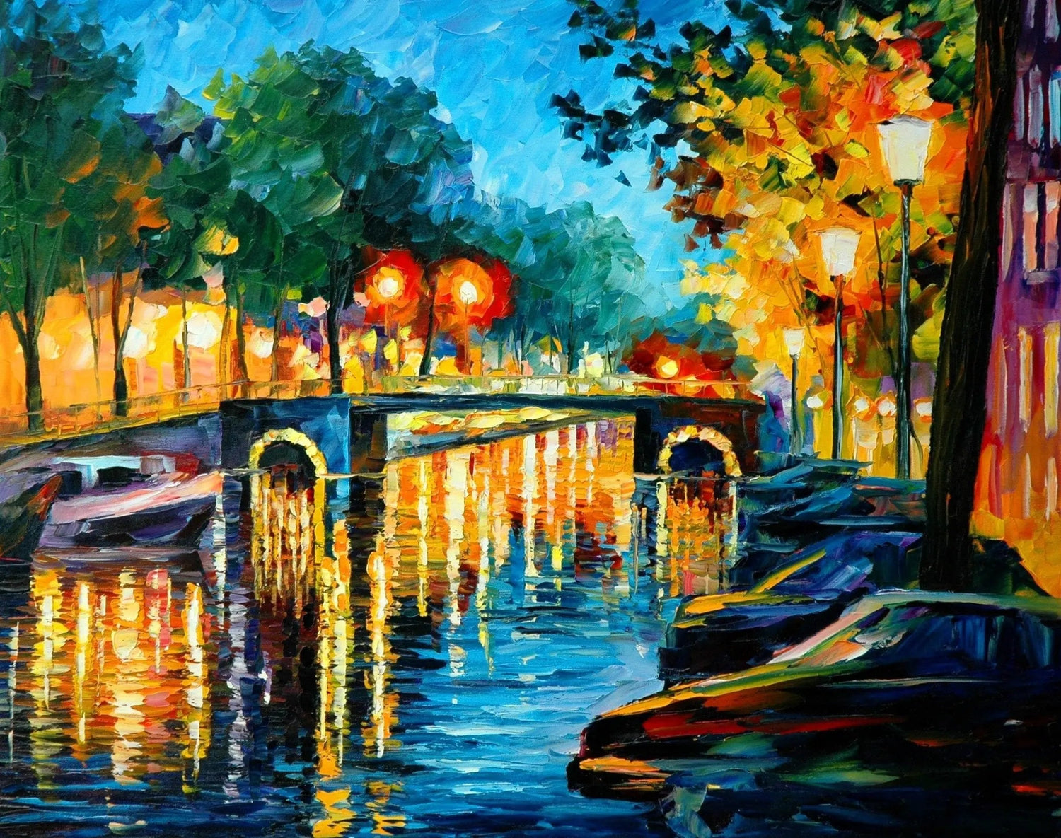 Abstract Landscape Oil Painting - Canal Night Scene with Boats - Oil Painting Haven