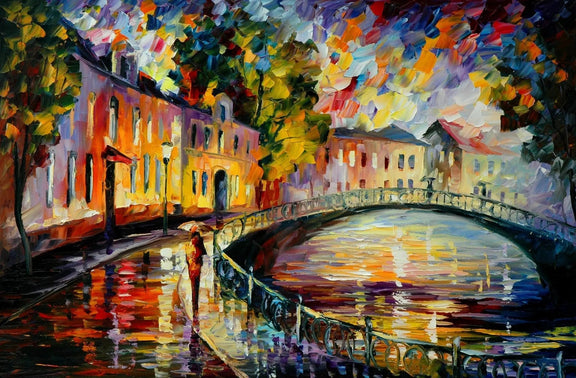 Abstract Landscape Oil Painting: Canal Side Rain Reflections - Oil Painting Haven