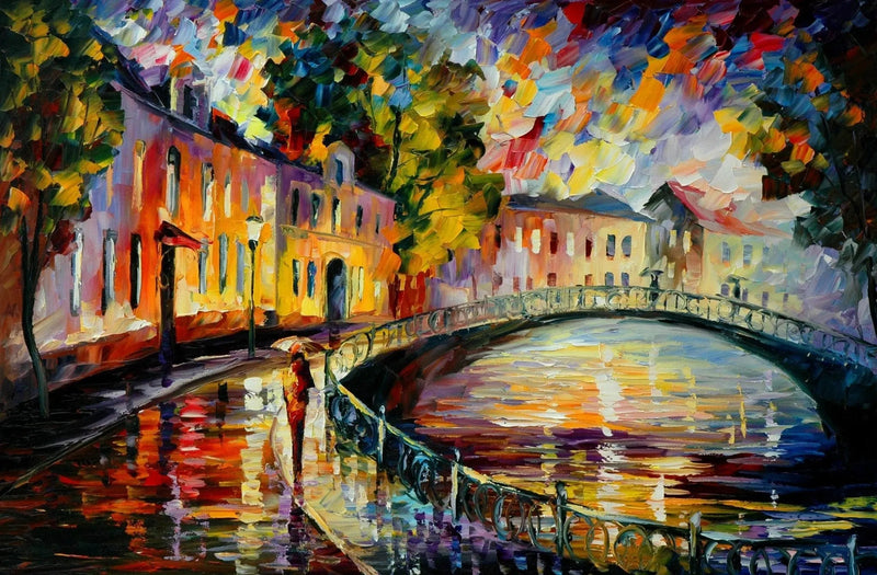 Abstract Landscape Oil Painting: Canal Side Rain Reflections - Oil Painting Haven