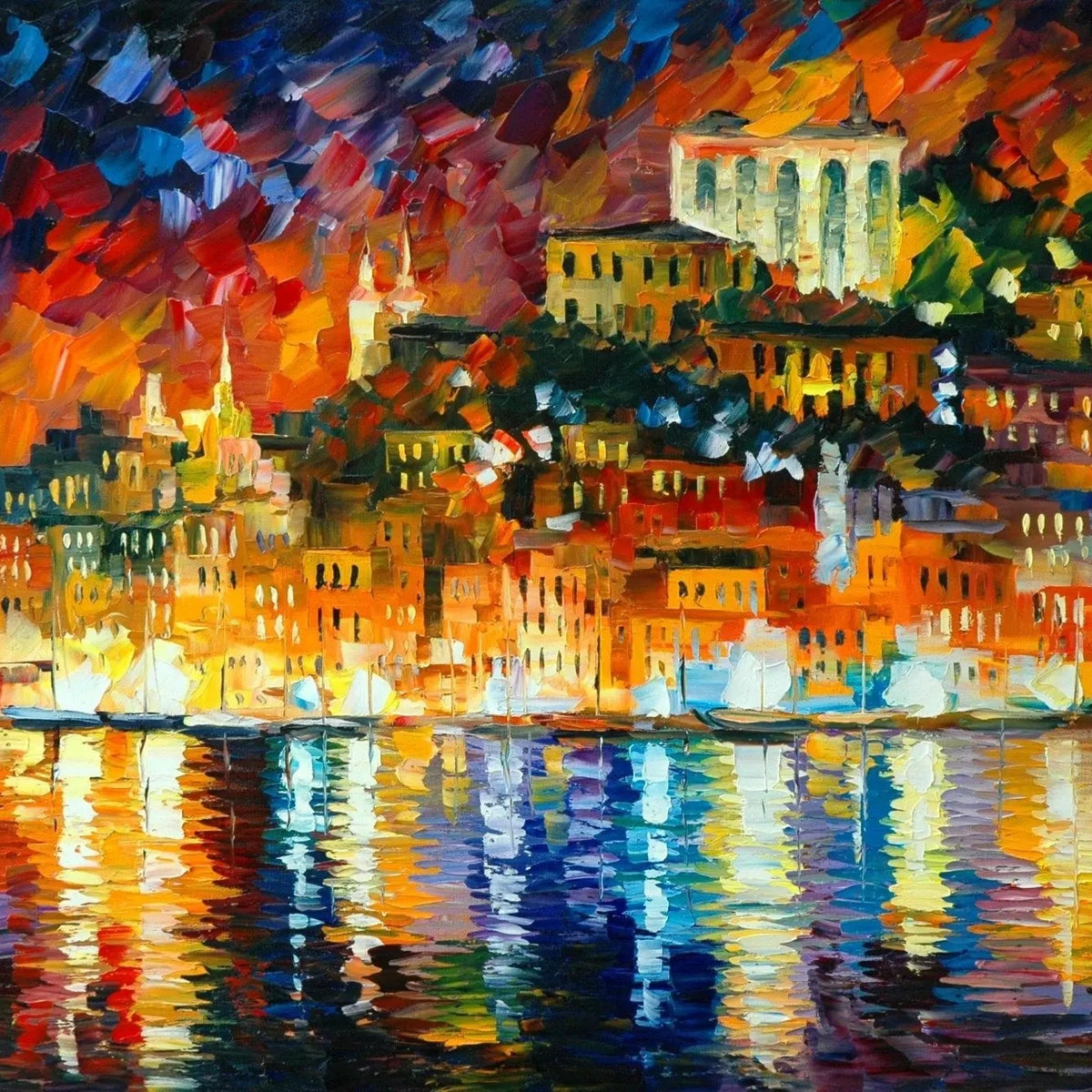 Abstract Landscape Oil Painting - Coastal City Night Reflections - Oil Painting Haven