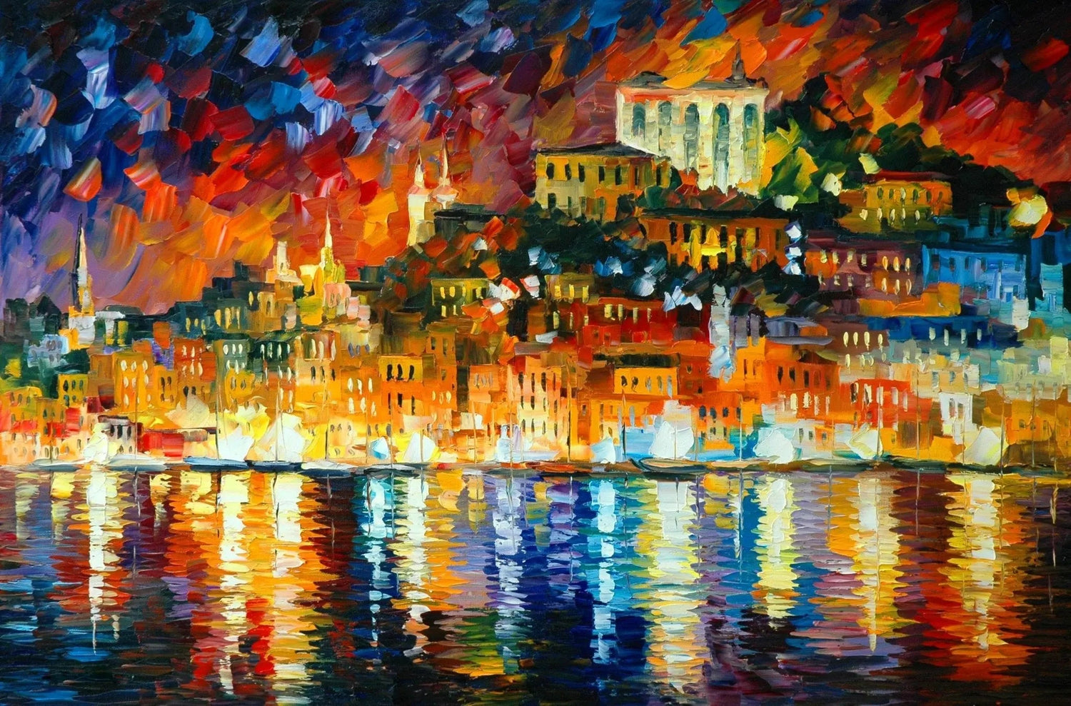 Abstract Landscape Oil Painting - Coastal City Night Reflections - Oil Painting Haven