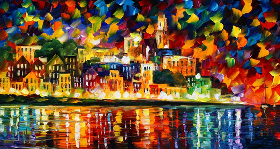 Abstract Landscape Oil Painting - Coastal City Water Reflections - Oil Painting Haven