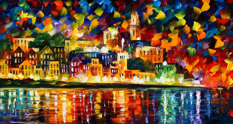 Abstract Landscape Oil Painting - Coastal City Water Reflections - Oil Painting Haven