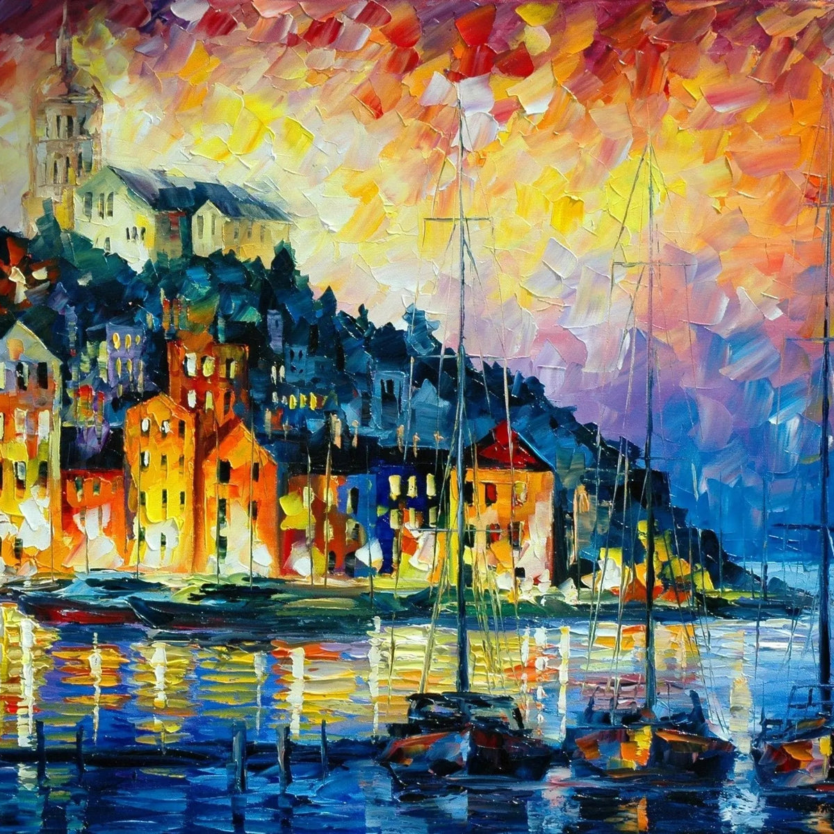 Abstract Landscape Oil Painting - Coastal Harbor Reflections - Oil Painting Haven