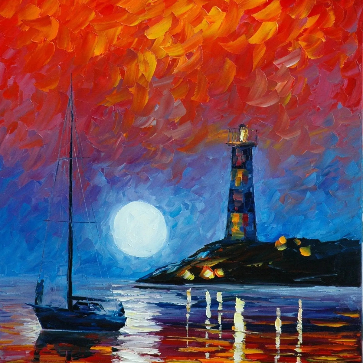 Abstract Landscape Oil Painting: Coastal Lighthouse & Sailboat Scene - Oil Painting Haven