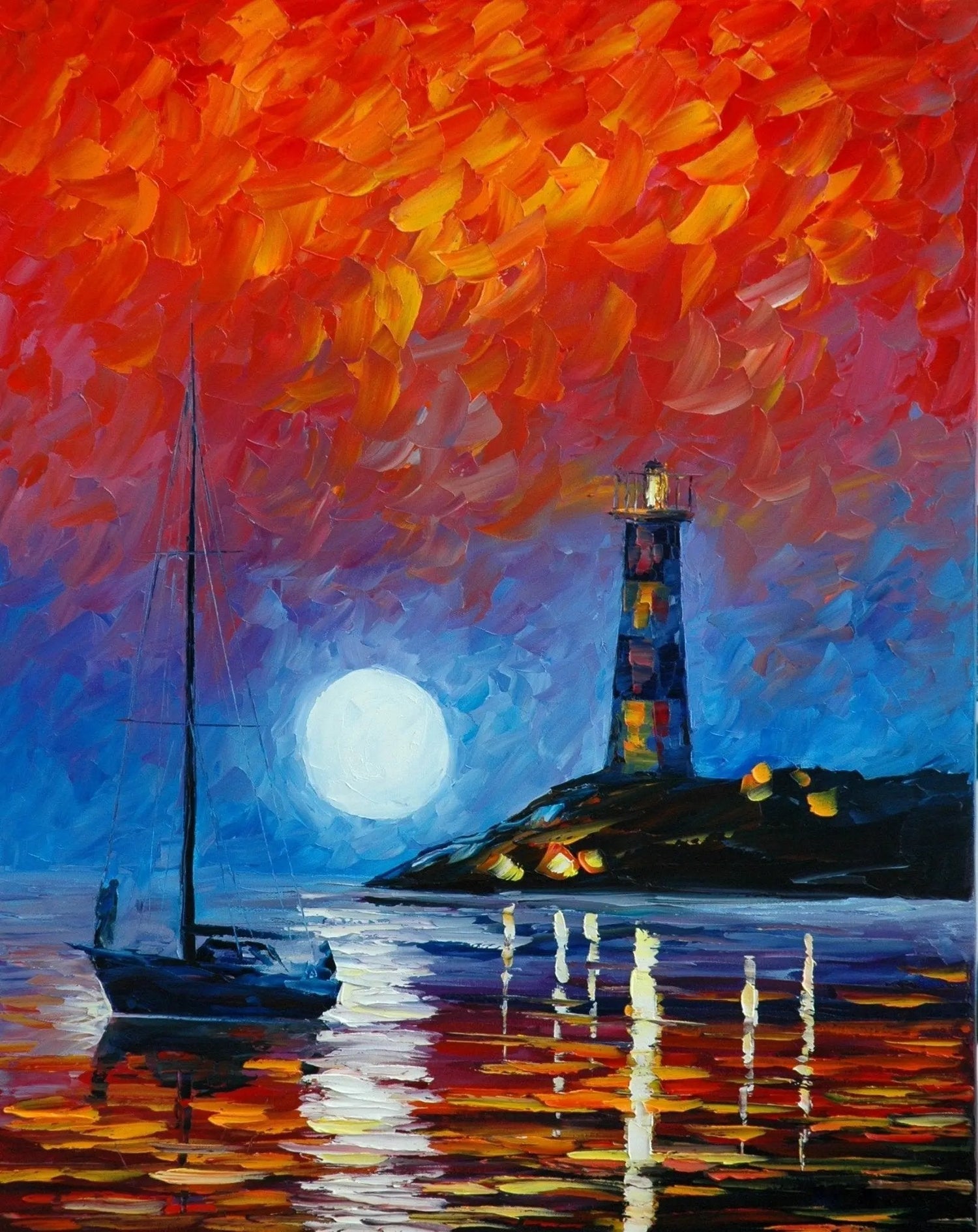 Abstract Landscape Oil Painting: Coastal Lighthouse & Sailboat Scene - Oil Painting Haven