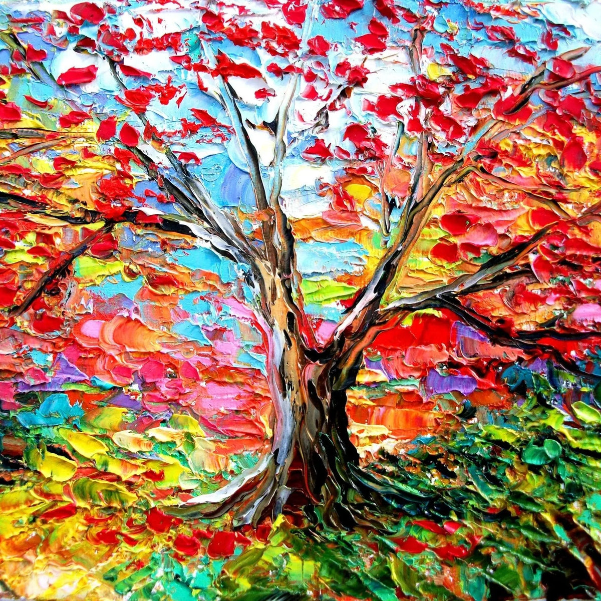 Abstract Landscape Oil Painting - Colorful Autumn Tree Foliage - Oil Painting Haven