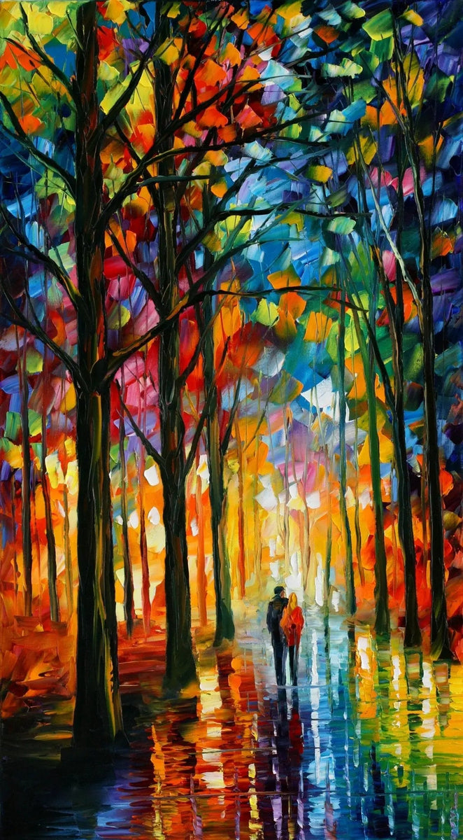 Abstract Landscape Oil Painting - Colorful Forest Path with Figures - Oil Painting Haven