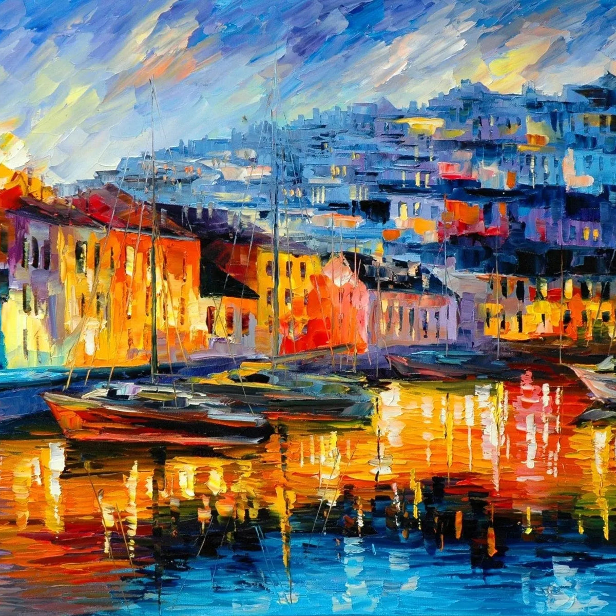 Abstract Landscape Oil Painting - Colorful Harbor Boat Scene - Oil Painting Haven