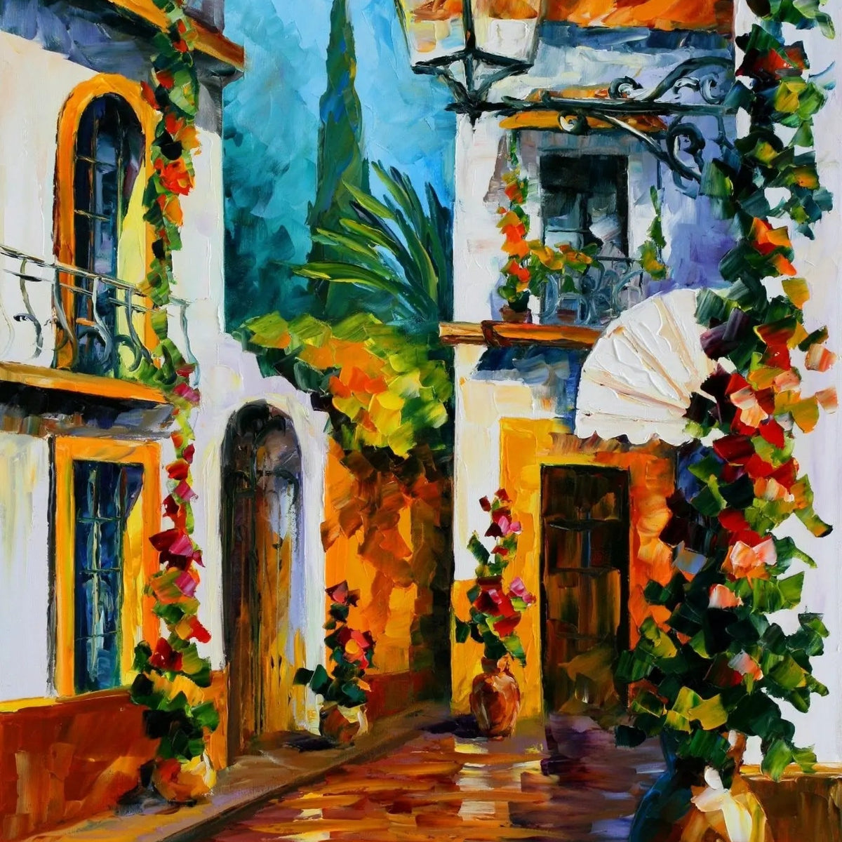 Abstract Landscape Oil Painting - Colorful Mediterranean Street Scene - Oil Painting Haven