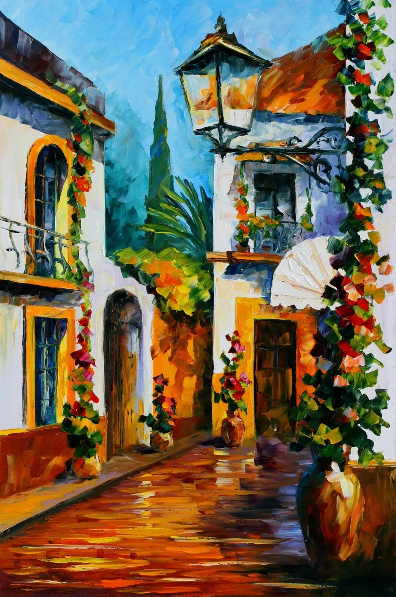 Abstract Landscape Oil Painting - Colorful Mediterranean Street Scene - Oil Painting Haven