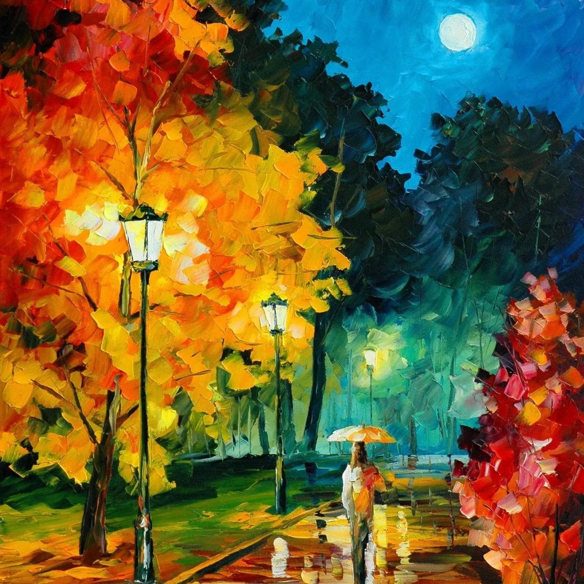 Abstract Landscape Oil Painting - Colorful Moonlit Park Stroll - Oil Painting Haven