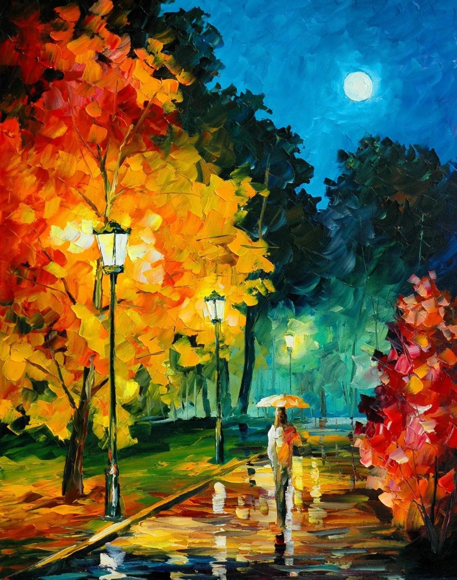 Abstract Landscape Oil Painting - Colorful Moonlit Park Stroll - Oil Painting Haven