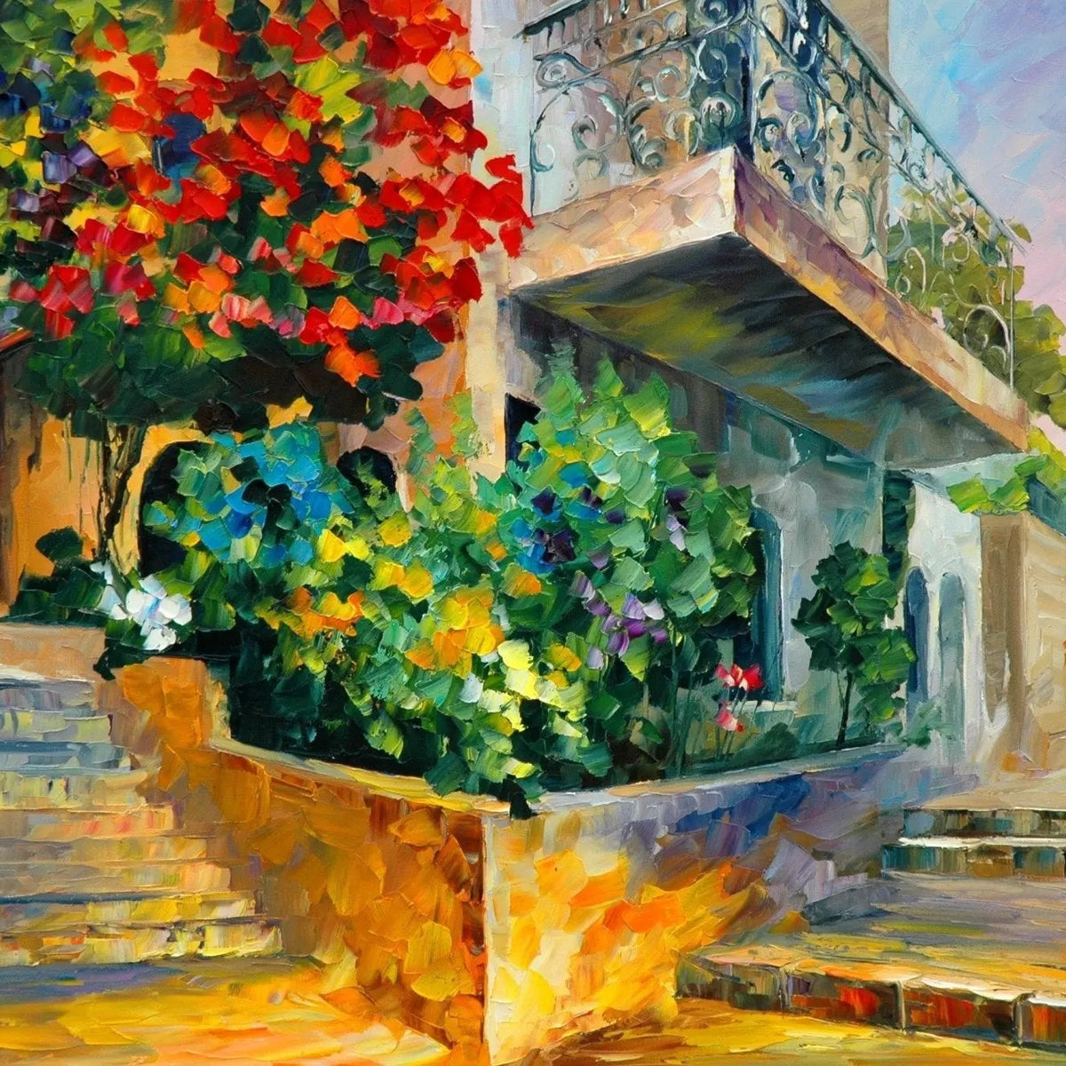 Abstract Landscape Oil Painting - Floral House with Staircase - Oil Painting Haven