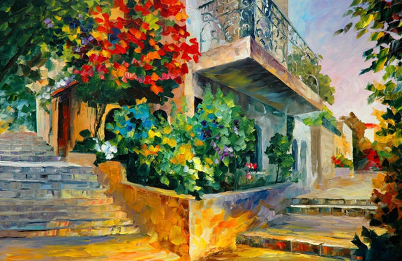 Abstract Landscape Oil Painting - Floral House with Staircase - Oil Painting Haven