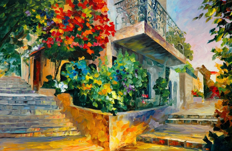 Abstract Landscape Oil Painting - Floral House with Staircase - Oil Painting Haven
