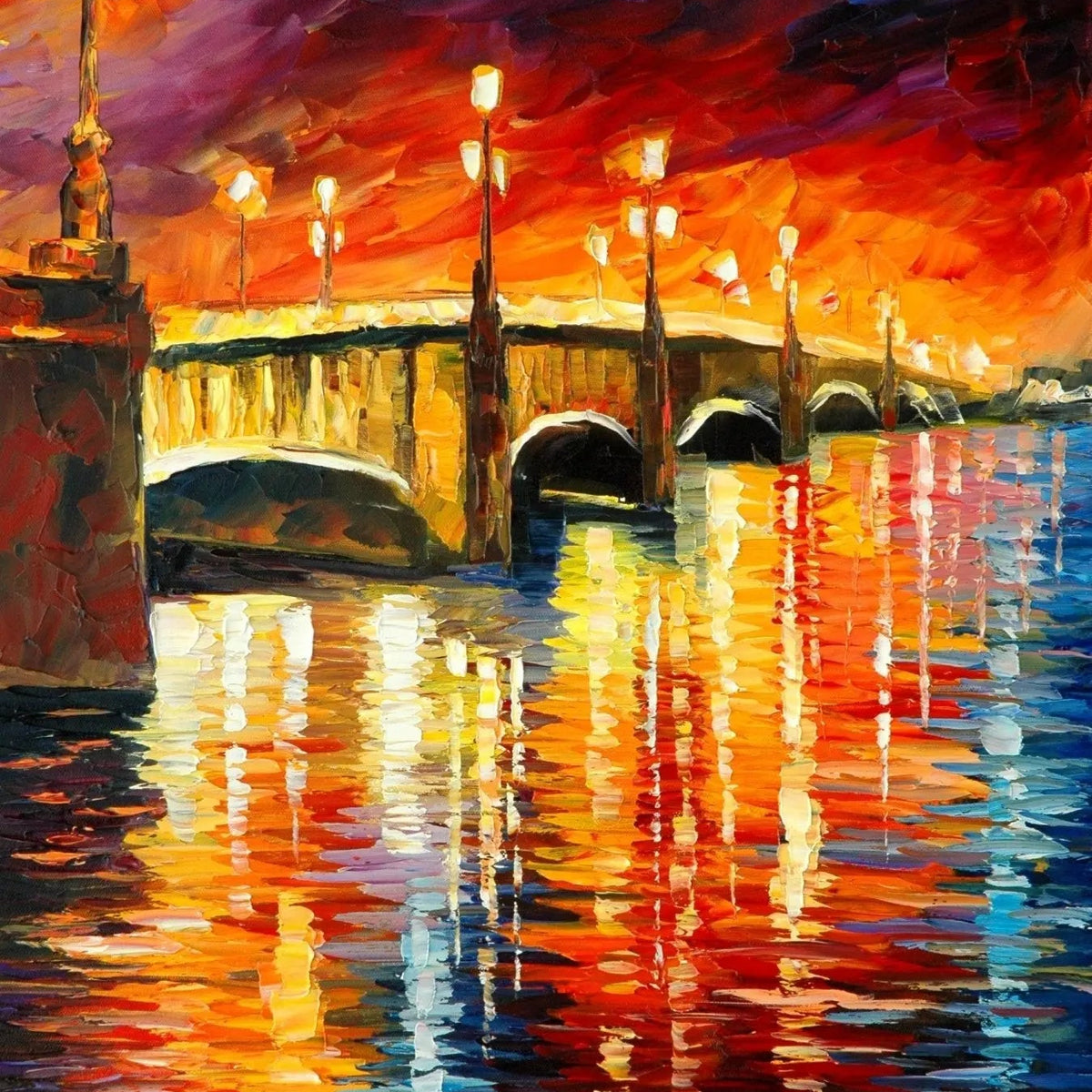 Abstract Landscape Oil Painting - Glowing Bridge on Reflective Waters - Oil Painting Haven