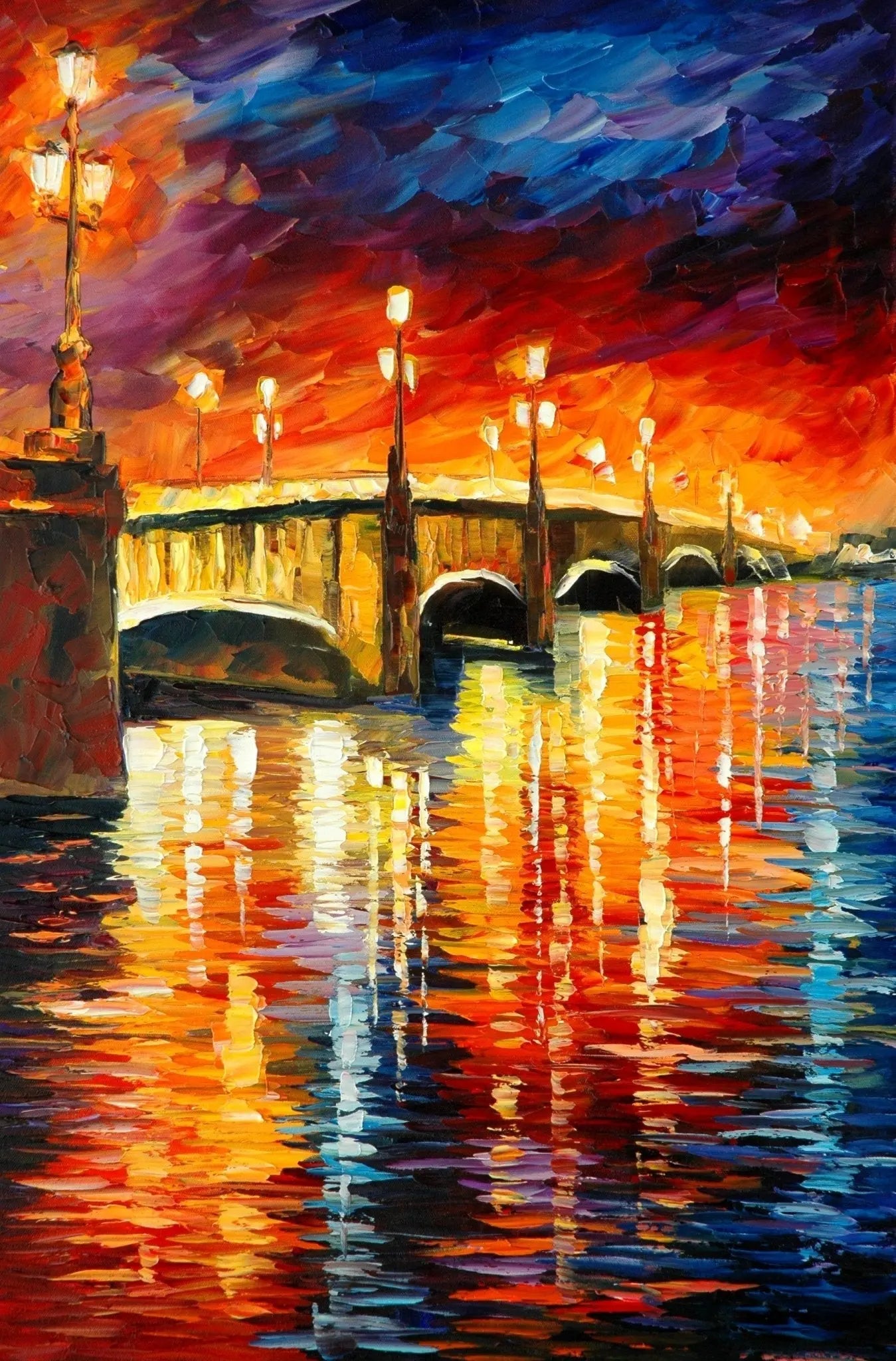 Abstract Landscape Oil Painting - Glowing Bridge on Reflective Waters - Oil Painting Haven