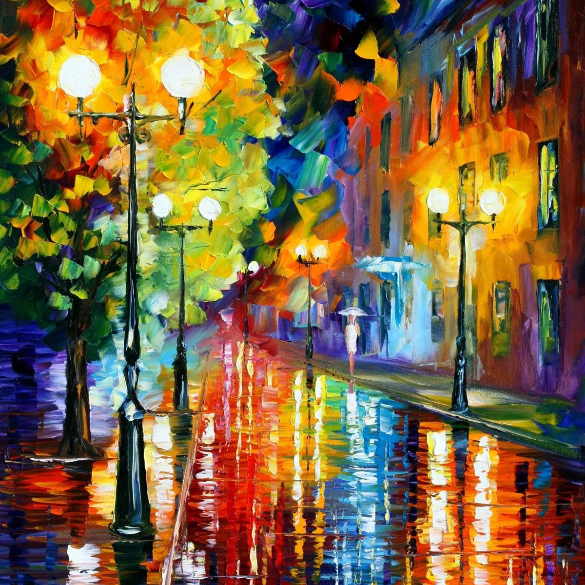 Abstract Landscape Oil Painting - Glowing Rainy City Street - Oil Painting Haven