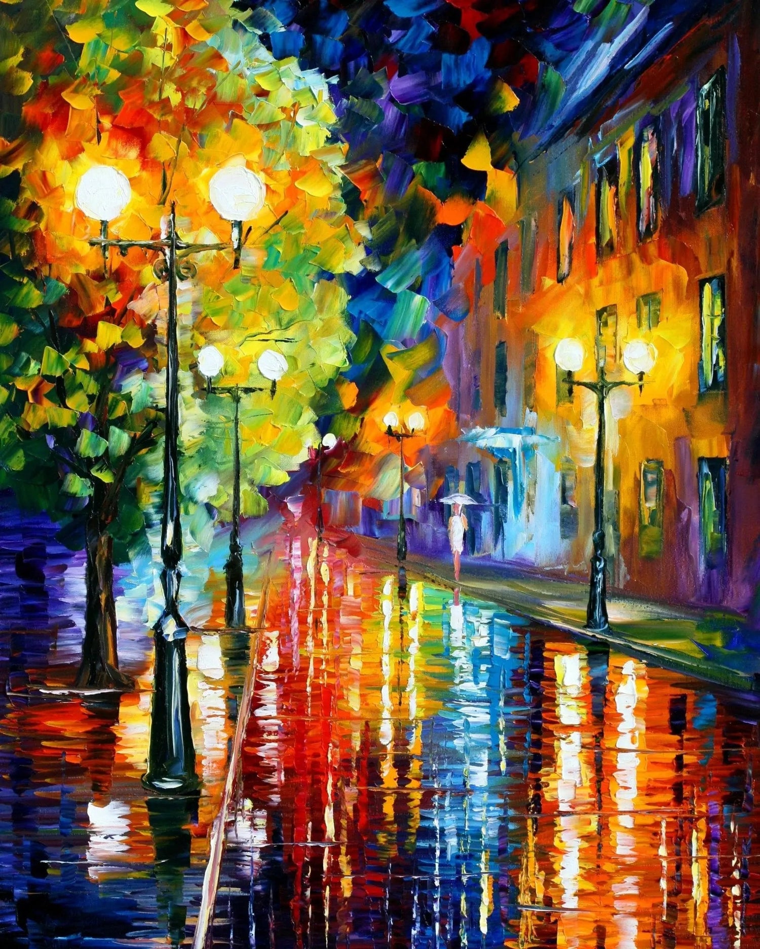 Abstract Landscape Oil Painting - Glowing Rainy City Street - Oil Painting Haven