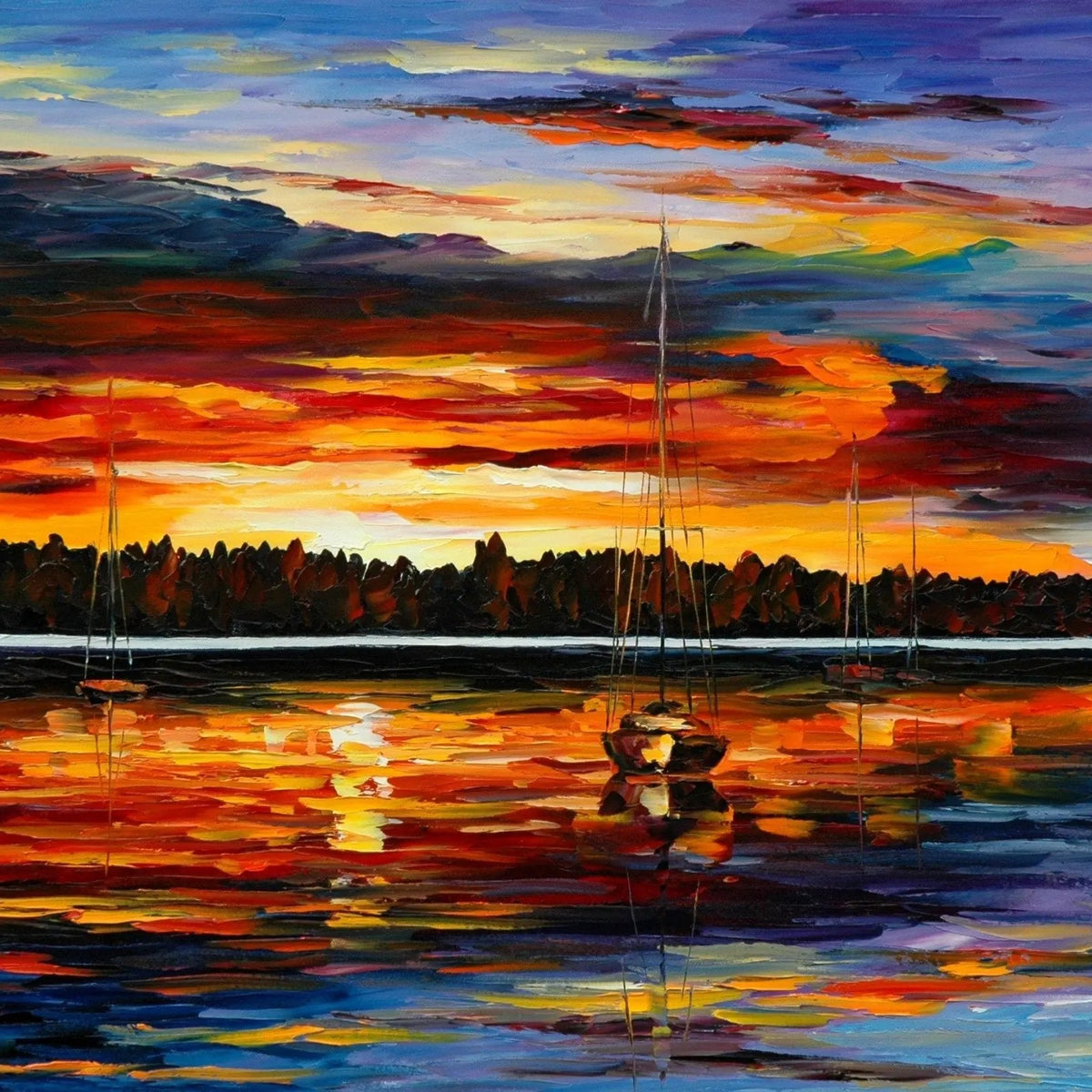 Abstract Landscape Oil Painting - Harbor Sunset with Sailboats - Oil Painting Haven