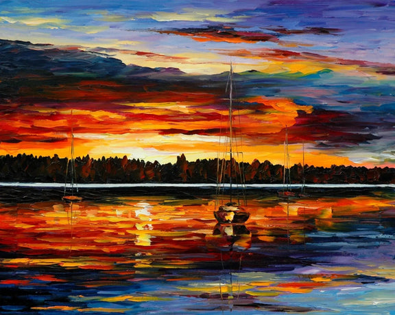 Abstract Landscape Oil Painting - Harbor Sunset with Sailboats - Oil Painting Haven
