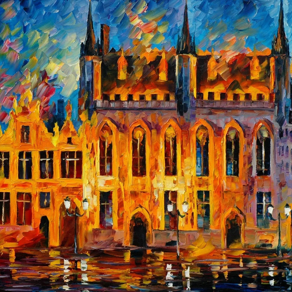 Abstract Landscape Oil Painting - Historic Buildings Water Reflections - Oil Painting Haven