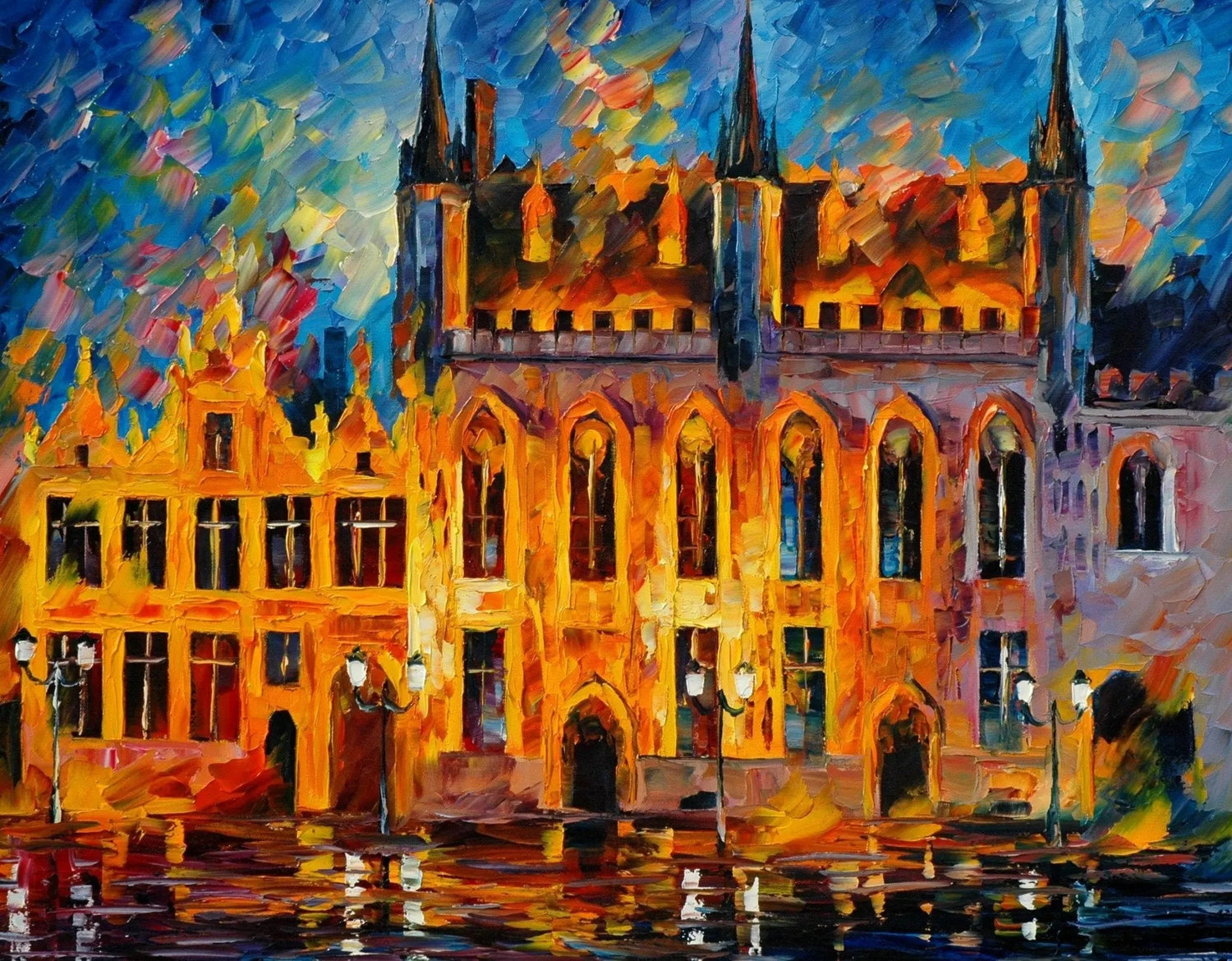 Abstract Landscape Oil Painting - Historic Buildings Water Reflections - Oil Painting Haven