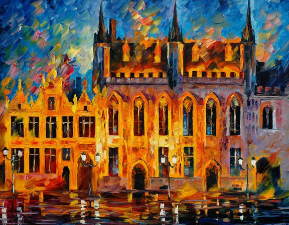 Abstract Landscape Oil Painting - Historic Buildings Water Reflections - Oil Painting Haven