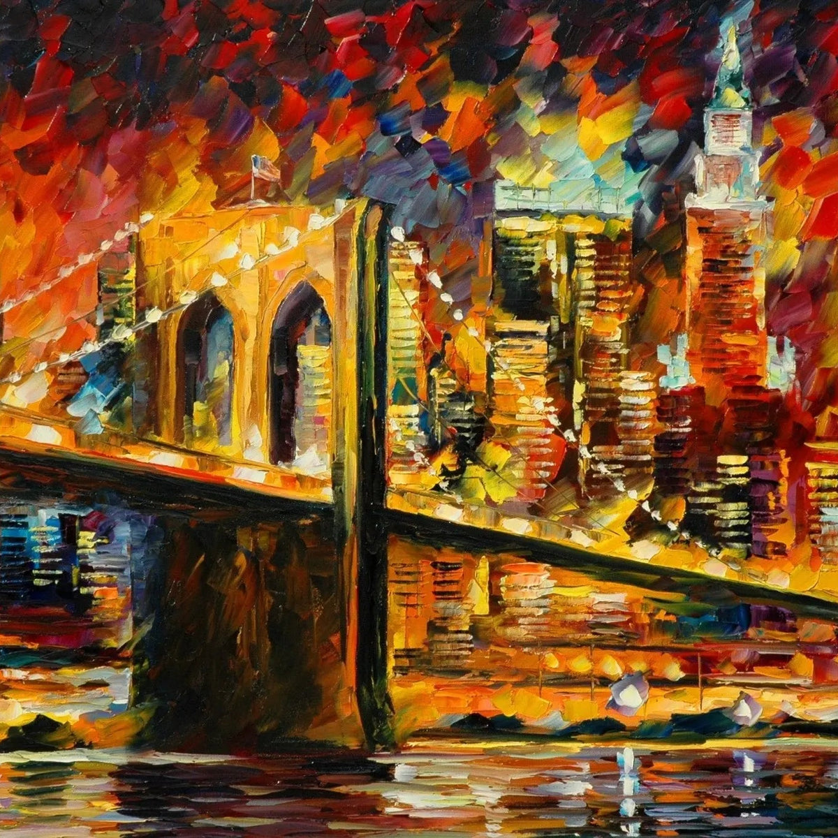 Abstract Landscape Oil Painting - Illuminated Bridge in City Skyline - Oil Painting Haven