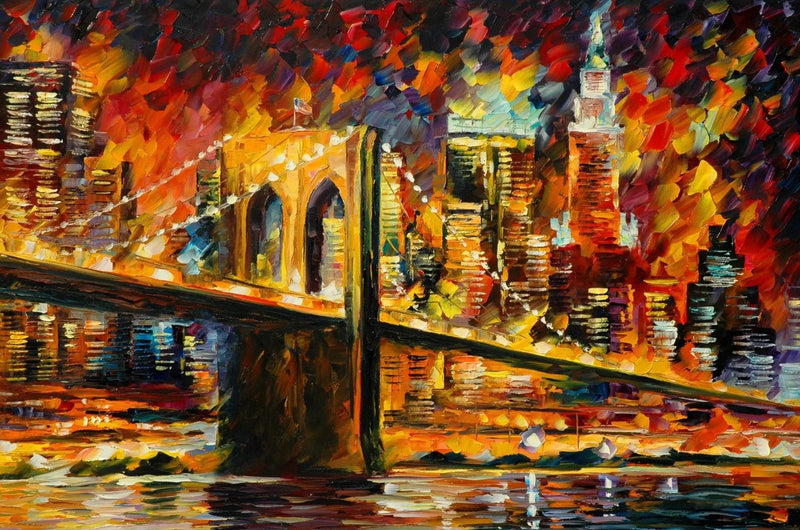 Abstract Landscape Oil Painting - Illuminated Bridge in City Skyline - Oil Painting Haven